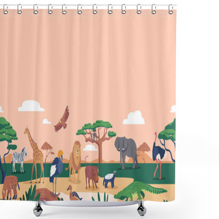 Personality  Graceful Giraffe, Majestic Elephant, And Powerful Lion Roam The African Landscape. Zebra Graze Alongside Hyena, Creating A Stunning And Diverse Ecosystem And Rich Wildlife. Cartoon Vector Illustration Shower Curtains
