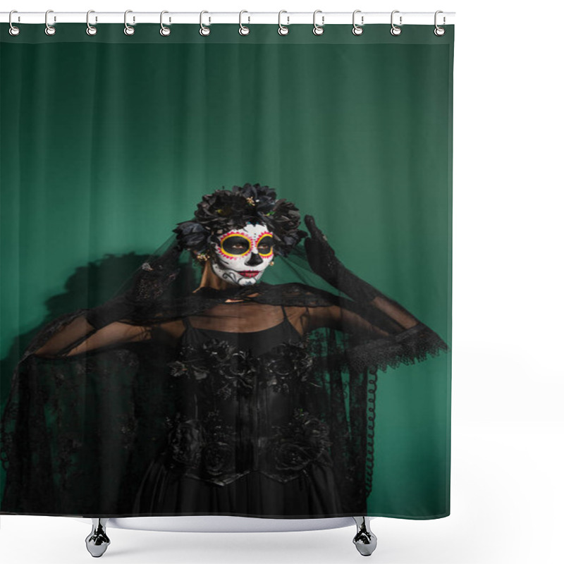 Personality  Woman in creepy santa muerte costume and makeup standing on green background  shower curtains