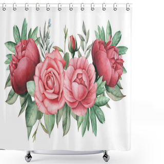Personality  Vector Illustration Of Watercolor Charming Combination Of Flowers And Leaves, Isolated On White Background Shower Curtains