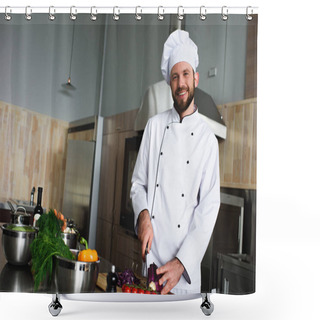 Personality  Professional Chef Cutting Vegetables On Kitchen Table Shower Curtains