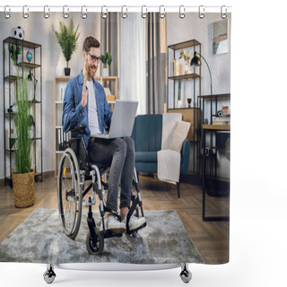 Personality  Disabled Man Having Video Conference On Laptop Shower Curtains
