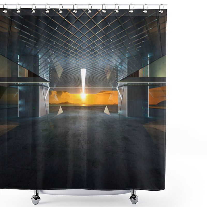 Personality  Closeup and perspective view of empty cement floor with modern steel and glass building exterior . 3D rendering and real images mixed media . shower curtains