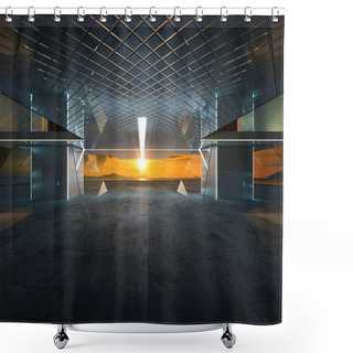 Personality  Closeup And Perspective View Of Empty Cement Floor With Modern Steel And Glass Building Exterior . 3D Rendering And Real Images Mixed Media . Shower Curtains