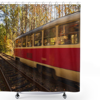 Personality  Motion Blur Of Tram With Passengers On Railway In Autumnal Forest With Golden Foliage In Sunlight Shower Curtains