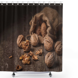 Personality  Close Up View Of Walnuts In Sack On Wooden Background Shower Curtains