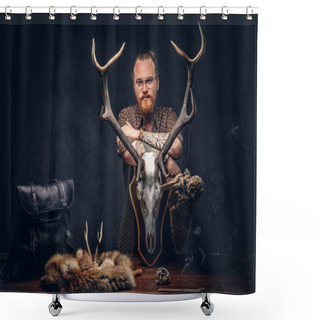 Personality  Pensive Redhead Taxidermist Hipster Male In Sunglasses Dressed In A Brown Shirt, Standing Near A Table With Handmade Trophy, Owl Scarecrow, And The Fox Skin. Isolated On A Dark Background.  Shower Curtains