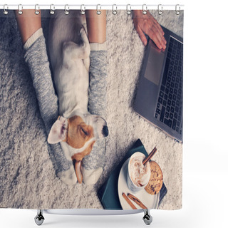 Personality  Woman In Cozy Home Wear Relaxing At Home With Sleeping Dog Jack  Shower Curtains