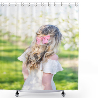 Personality  Woman In A Blooming Orchard At Springtime. Enjoying Sunny Warm Day. Retro Style Dress. Colorful Spring Moods Shower Curtains