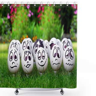 Personality  White Eggs And Many Funny Faces, Garden Party Shower Curtains