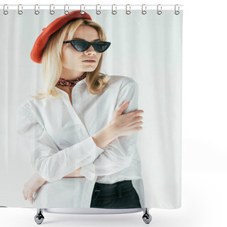 Personality  Elegant Blonde Girl Wearing Red Beret And Sunglasses Isolated On White Shower Curtains
