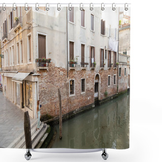 Personality  Young Woman In Dress Standing Near Buildings And Canal On Medieval Street In Venice Shower Curtains