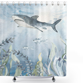 Personality  Shark, Algae, Corals, Fish For Invitations, Postcards Watercolor Card Of The Underwater World Shower Curtains