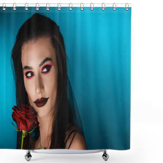 Personality  Young Woman With Black Makeup In Veil Looking Away Near Rose On Blue Shower Curtains