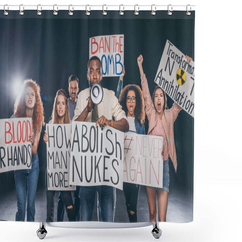 Personality  Emotional Multicultural Men And Women Holding Placards With Lettering On Black  Shower Curtains