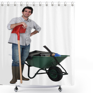 Personality  Man Stood With Spade And Wheelbarrow Shower Curtains