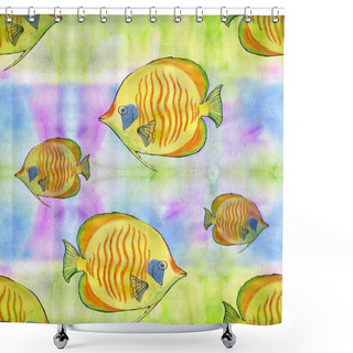 Personality  Yellow Fish - Seamless Background Pattern. Decorative Composition On A Watercolor Background. Use Printed Products, Posters, Postcards, Packaging, Pattern On Fabric, Background Image. Shower Curtains
