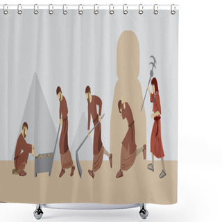 Personality  Vector Drawing Of Religious Jewish Figures, The Children Of Israel, Working Hard, Making Bricks From Clay. An Egyptian Stands And Holds A Beating Stick. A Scene From The Enslavement Of Israel In Egypt Shower Curtains