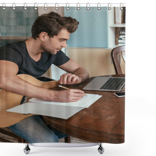 Personality  Concentrated Young Man With Guitar Writing Notes While Looking At Laptop Shower Curtains