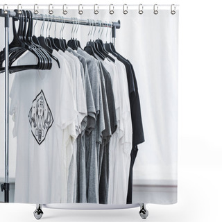 Personality  Selective Focus Of T-shirts With Print On Hangers In Clothing Design Studio  Shower Curtains