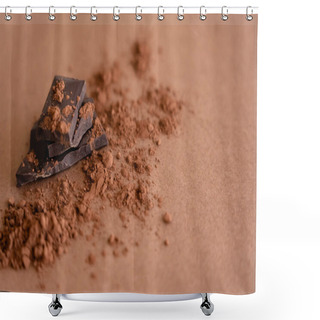 Personality  Close Up View Of Dark Chocolate And Cocoa Powder On Brown Background With Copy Space Shower Curtains