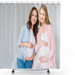 Personality  Pregnant Smiling Women Sitting On Chairs Isolated On Grey Shower Curtains