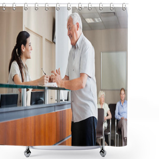 Personality  Man Communicating With Female Receptionist Shower Curtains