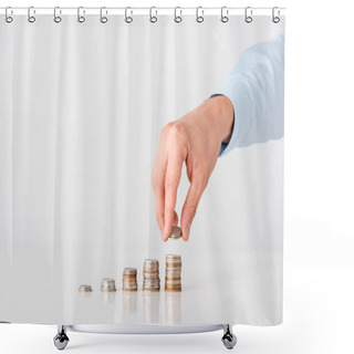 Personality  Cropped View Of Man Taking Coin From Stack On White  Shower Curtains