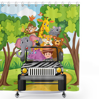Personality  Zoo Scene With Happy Animals In The Car Illustration Shower Curtains
