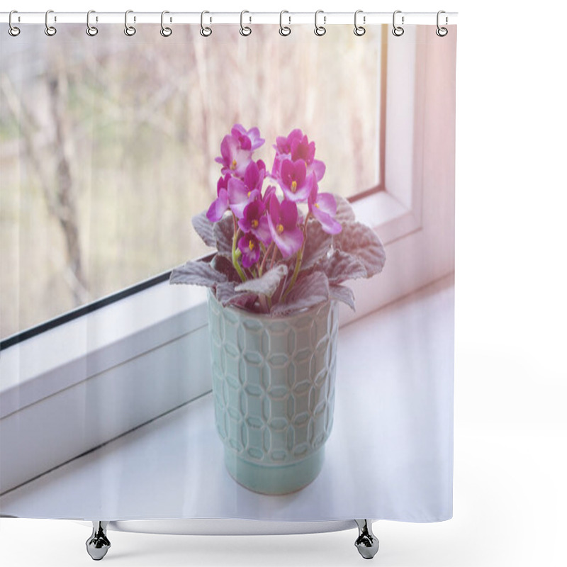 Personality  Blooming Pink African Violet Flower On Windowsill On Summer Sunlight, Cozy Home Decor Shower Curtains
