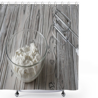 Personality   Whipping Cream Using Electric Hand Mixer On The Gray Rustic Wooden Table  Shower Curtains