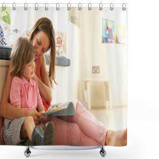 Personality  Mother Sitting With Son Reading Story Indoors Shower Curtains