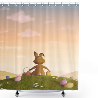 Personality  Easter Bunny With A Basket And Easter Eggs Shower Curtains
