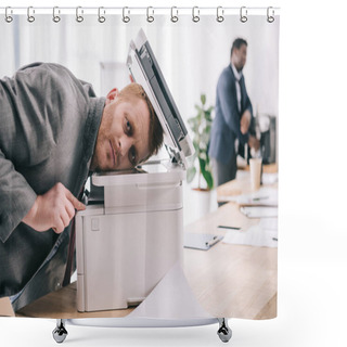 Personality  Overworked Young Businessman Leaning On Copier At Office Shower Curtains