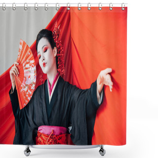 Personality  Beautiful Geisha In Black Kimono With Hand Fan And Red Cloth On Background Dancing Isolated On White Shower Curtains
