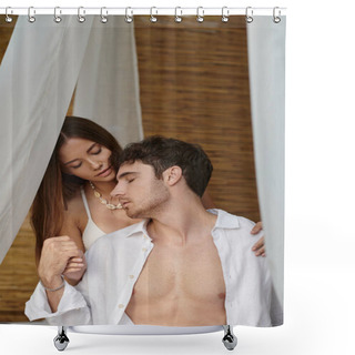 Personality  Romantic Couple, Beautiful Woman Embracing Man And Sitting In Private Pavilion, Seduction Shower Curtains
