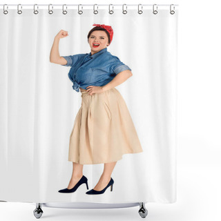 Personality  Full Length View Of Emotional Pin Up Woman Showing Muscles And Looking At Camera Isolated On White  Shower Curtains