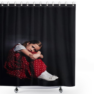 Personality  Lonely, Frightened Child Sitting On Floor And Looking At Camera On Black Background Shower Curtains