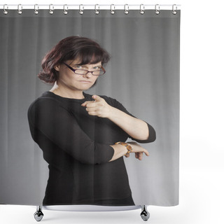 Personality  Mature Brunette Woman Wearing Glasses Standing Against Gray Background Shower Curtains
