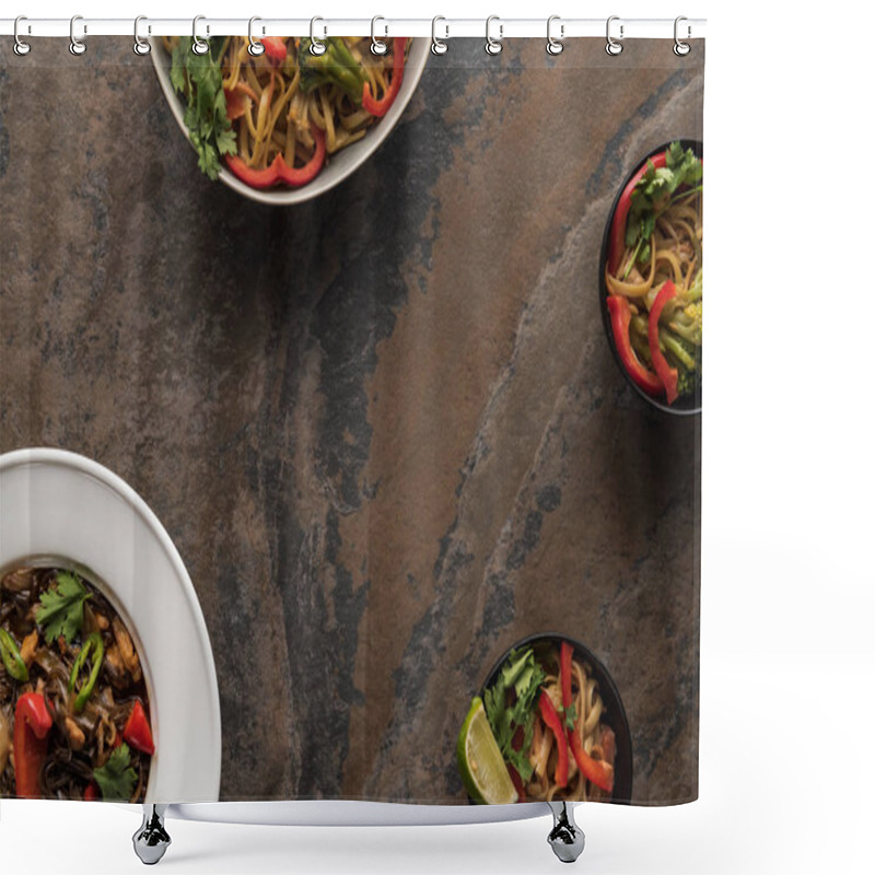 Personality  Top View Of Tasty Spicy Thai Noodles With Chopsticks On Stone Surface Shower Curtains