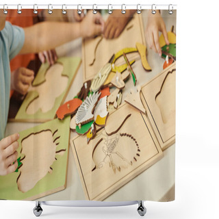 Personality  Cropped View Of Interracial Kids Playing With Didactic Materials On Table In Montessori School Shower Curtains