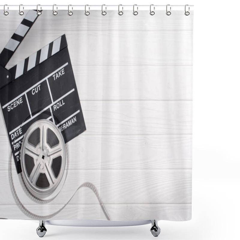 Personality  Flat Lay With Clapper Board And Filmstrips On White Wooden Tabletop Shower Curtains