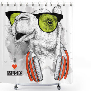 Personality  The Image Of The Camel In The Glasses, Headphones And In Hip-hop Hat. Vector Illustration. Shower Curtains