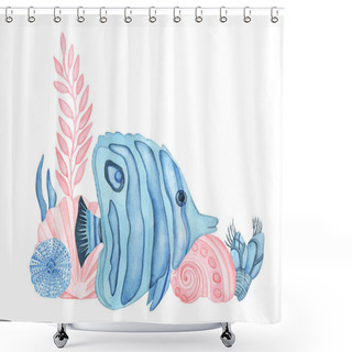 Personality  Watercolor Underwater Composition With Blue Fish, Sea Shells, Algae, Sea Urchin And Corals Isolated On A White Background. Shower Curtains