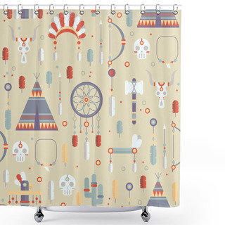 Personality  Seamless Pattern Of Vector Colorful Ethnic Set With Dream Catcher, Feathers, Arrows And American Indian Chief Headdress In Native Style. Decorative Elements. Tribal Native American Set Of Symbols. Shower Curtains