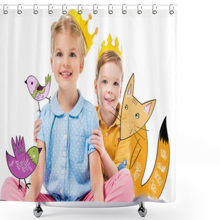 Personality  Adorable Children In Yellow Paper Crowns, Isolated On White With Drawn Imaginary Fox And Birds Shower Curtains