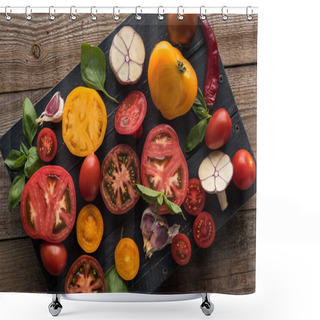 Personality  Top View Of Sliced Yellow And Cherry Tomatoes With Spinach, Garlic And Chilli Pepper On Black Wooden Tray  Shower Curtains