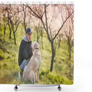 Personality  Man With Dog In Spring Nature Shower Curtains