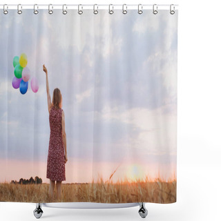 Personality  Hope Concept, Emotions And Feelings, Woman With Colourful Balloons In The Field, Background Shower Curtains
