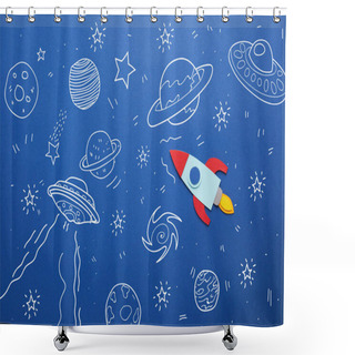 Personality  Creative Rocket On Blue Paper Background With Universe Icons Shower Curtains