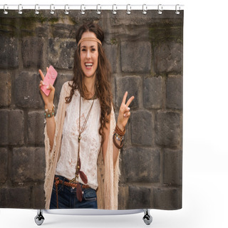 Personality  Happy Boho Young Woman Near Stone Wall Showing Victory Gesture Shower Curtains